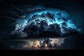 Aerial view of a stormy night sky over the sea. Severe thunderstorm, cumulonimbus clouds and lightning. Colorful Royalty Free Stock Photo