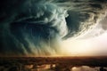 Aerial view of stormy sky with lightning. Nature composition, panorama of the mountains, AI Generated