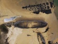 Aerial view of stranded broken wooden shipwrecks boat graveyard marine cemetery in Magouer Etel river Brittany France