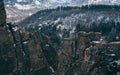 Aerial view of strangely shaped Belogradchik Rocks in Bulgaria