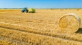 Aerial view of straw bale on farm field