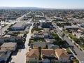 Aerial view of street and houses in Imperial Beach area in San Diego