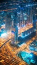 Aerial View Of Street Night Traffic Of Illuminated Cityscape With Skyscraper In Dubai. Aerial View Of Urban Cityscape Royalty Free Stock Photo