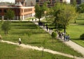 Aerial view of  students on path of Eotvos Lorand University in Budapest Royalty Free Stock Photo