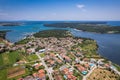 Aerial view of the stunning Croatian coastal town of Pomer with its picturesque oceanfront buildings