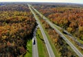 The aerial view of stunning fall foliage and traffic near highway Interstate 81 of Watertown, New York, U.S.A