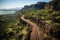 Aerial view of stunning mountain serpentine road with big lake in gorge on sunny day