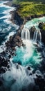 Aerial View Of Stunning Waterfall At White Sandy Beaches