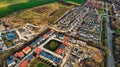 Aerial view of suburban housing development with roads and green fields in Harrogate, North Yorkshire Royalty Free Stock Photo