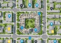 Aerial view of a suburban neighborhood displaying a central, rectangular apartment complex with an Royalty Free Stock Photo