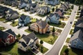 Aerial view of a suburban neighborhood with homes in the middle, Aerial view of a cul-de-sac at a neighborhood road dead end with Royalty Free Stock Photo