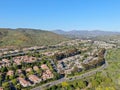 Aerial view suburban neighborhood with identical villas next to each other in the valley. San Diego, California, Royalty Free Stock Photo