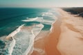 Aerial view of a summer beach, blue ocean, waves. Copy space background. Generative AI