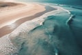 Aerial view of a summer beach, blue ocean, waves. Copy space background. Generative AI