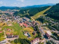 aerial view of summer bukovel in ukrainian carpathian mountains