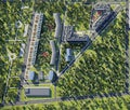 Aerial view of summer green town, 3d render Royalty Free Stock Photo