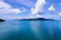 Aerial view summer sea in sunny day with long-tail fishing boat,Beautiful clouds blue sky background Royalty Free Stock Photo