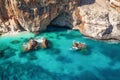 Aerial view summer seascape. Turquoise sea water and rocks top view, Island of sardinia in Italy Travel background Royalty Free Stock Photo