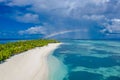 Amazing aerial landscape, tropical paradise islands shore, rainbow sunny dream travel view Royalty Free Stock Photo