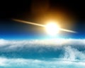 Aerial view of the sun above the clouds, space stratosphere. Global warming, climate change. Ozone hole Royalty Free Stock Photo