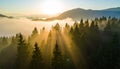 Aerial view of sun rays breaking through mist over a dense forest and mountains image Royalty Free Stock Photo