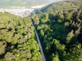 Aerial view of sunny day beautiful forest area with trees and road Royalty Free Stock Photo