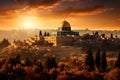 An aerial view of sunrise behind the dome of the rock and old city of jerusalem, israel, palestine