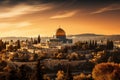 An aerial view of sunrise behind the dome of the rock and old city of jerusalem, israel, palestine