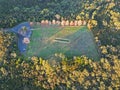 Aerial view of sunrise at a green football field at Wahroonga, NSW, Australia