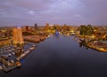 Aerial view of the sunrise over Baltimore Harbor, Chesapeake Bay, Domino Sugar factory Royalty Free Stock Photo