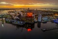 Aerial view of the sunrise over Baltimore Harbor, Chesapeake Bay, Domino Sugar factory Royalty Free Stock Photo