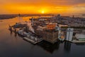Aerial view of the sunrise over Baltimore Harbor, Chesapeake Bay, Domino Sugar factory Royalty Free Stock Photo