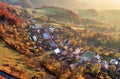 Aerial view of sunrise over rural village, Slovakia