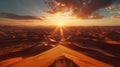Aerial view sunrise over sahara desert with camel silhouette, detailed sand dunes and deep shadows Royalty Free Stock Photo