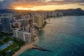 Aerial View of sunrise over the Waikiki Neighborhood of Honolulu, Hawaii Royalty Free Stock Photo