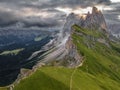 Aerial View during sunrise of Seceda, part the Sella group mountain range, in the Dolemites in Italy