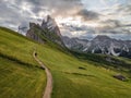 Aerial View during sunrise of Seceda, part the Sella group mountain range, in the Dolemites in Italy