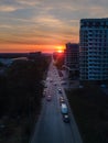 aerial view of sunset above city street Royalty Free Stock Photo