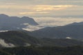 Aerial view of sunset above fluffy sea fog misty clouds with mountain hill from Phu Tub Berk, Khao Kho, Phetchabun with sunlight. Royalty Free Stock Photo