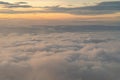 Aerial view of sunset above fluffy sea fog misty clouds with mountain hill from Phu Tub Berk, Khao Kho, Phetchabun with sunlight. Royalty Free Stock Photo