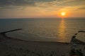 Aerial view of sunset above sea by Karpen beach in Albania, Summer 2022