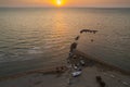 Aerial view of sunset above sea by Karpen beach in Albania, Summer 2022