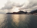 Aerial view sunset Coastline in Montenegro. Lonely beach in Bar