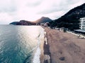 Aerial view sunset Coastline in Montenegro. Lonely beach in Bar