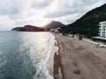 Aerial view sunset Coastline in Montenegro. Lonely beach in Bar