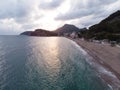 Aerial view sunset Coastline in Montenegro. Lonely beach in Bar