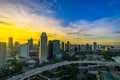 Aerial view of sunset dusk at Singapore Marina Bay city skyline.