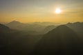 Aerial view of sunset in Nong Khiaw. North Laos. Southeast Asia. Photo made by drone from above. Bird eye view Royalty Free Stock Photo