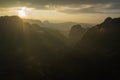 Aerial view of sunset in Nong Khiaw. North Laos. Southeast Asia. Photo made by drone from above. Bird eye view Royalty Free Stock Photo