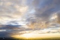 Aerial view sunset over the forest and lake. View from drone. Aerial top view cloudscape. Texture of clouds. View from above. Sunr Royalty Free Stock Photo